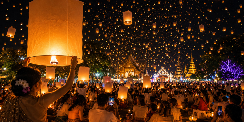 people releasing thai lanterns